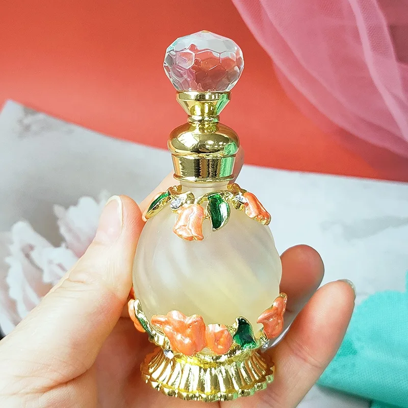 15ml European Middle East Dubai Patent Metal Tulip Flower Perfume Bottle Glass Essential Oil Attar Bottle Factory Outlet#81144SG