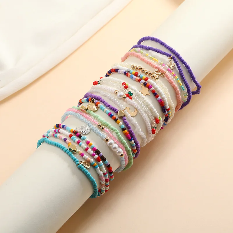 Cute Beaded Bracelet  Mixed Color Beads Flower Elastic Rope Chain Bracelet& Bangle Female Charm Jewelry