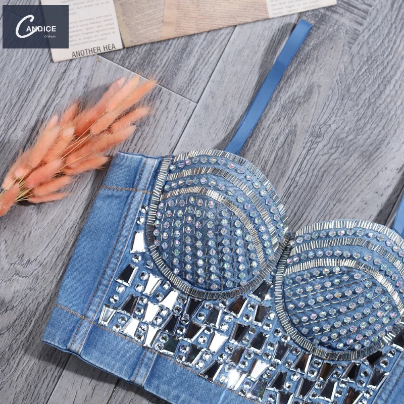 Candice beaded shaping celebrity fashion outerwear stage costumes padded camisole denim rhinestone corset top