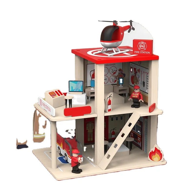 2024 New popular Police station & Fire Station role-playing toys baby toys wooden pretend toy for children