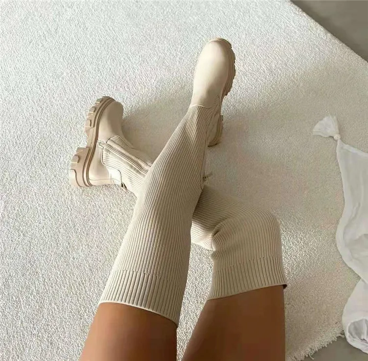 Зимние Модные однотонные кожаные вязаные сапоги выше колена на высоком каблуке женские высокие длинные