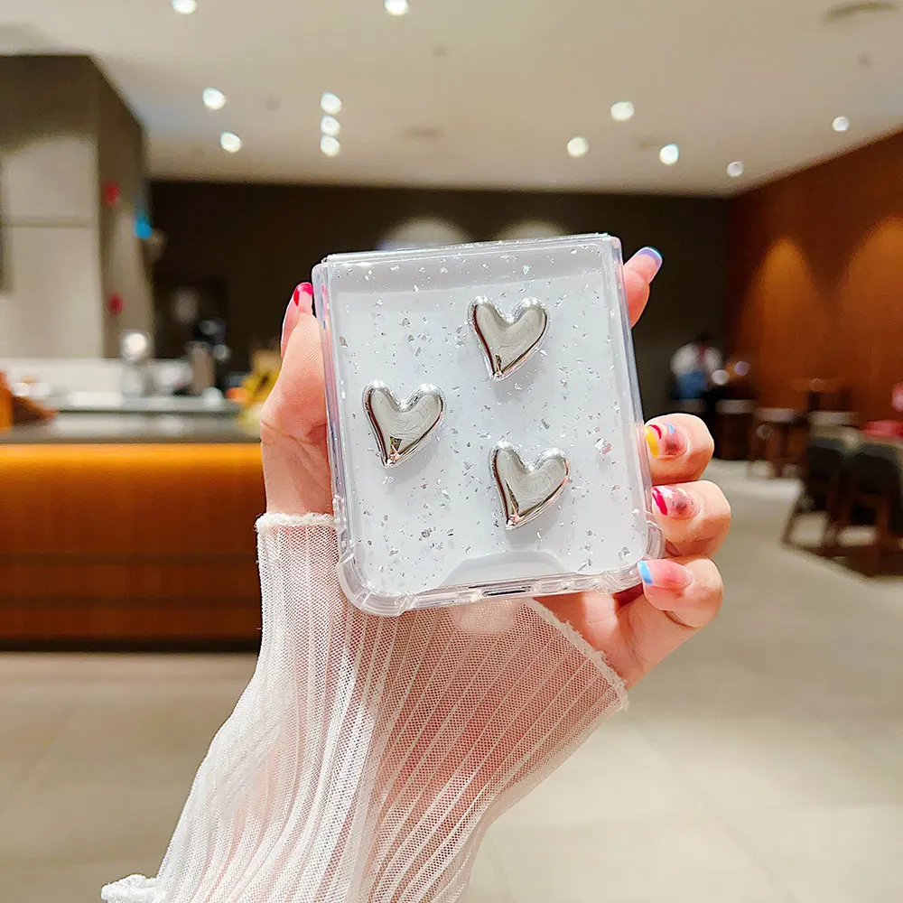 Laudtec SJK195 Electroplate Glitter Clear Love Heart Phone Case For Galaxy Z Flip5 Flip4 Flip3 5G Flip