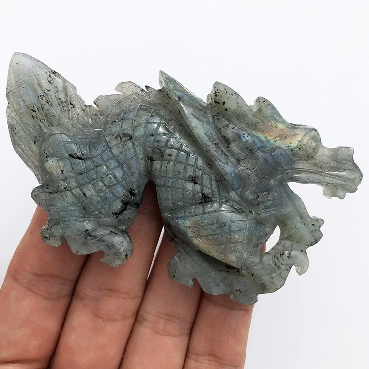 Hand carved natural flashy labradorite crystal chinese dragon carving dragon statue