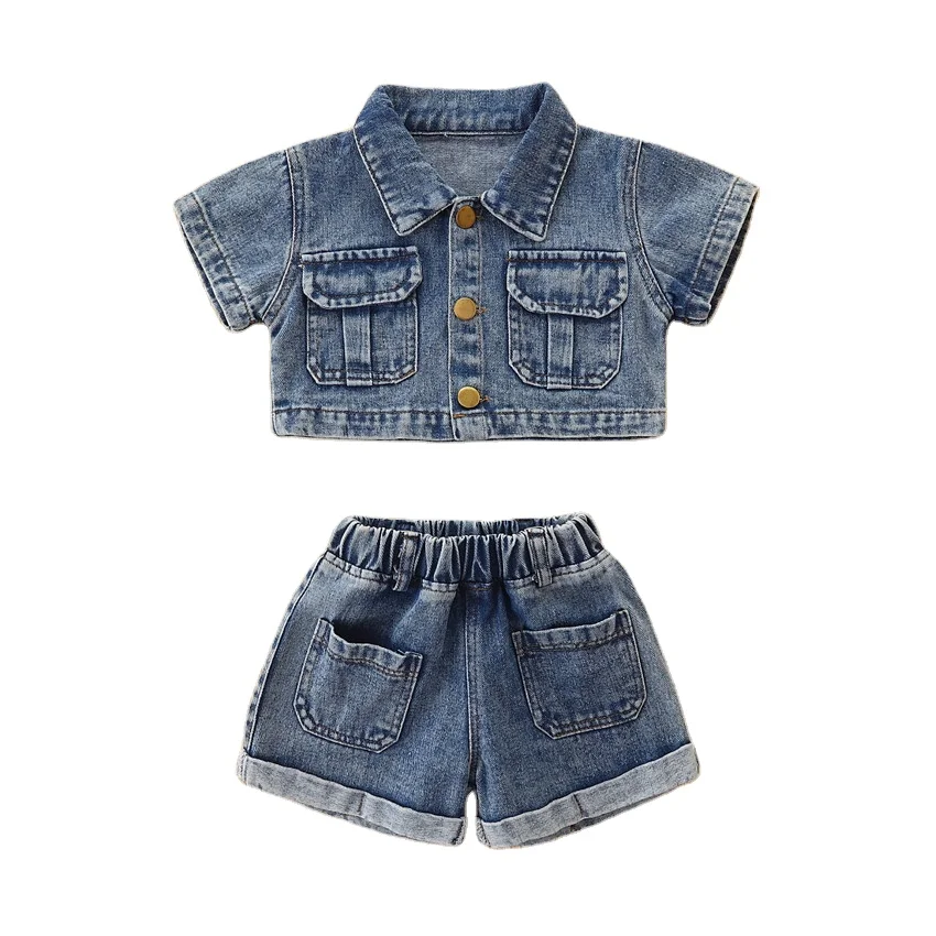 Hot sale summer fashion baby girls denim suit clothes sets crop tops+ blue denim shorts 2pcs toddler girls clothing set