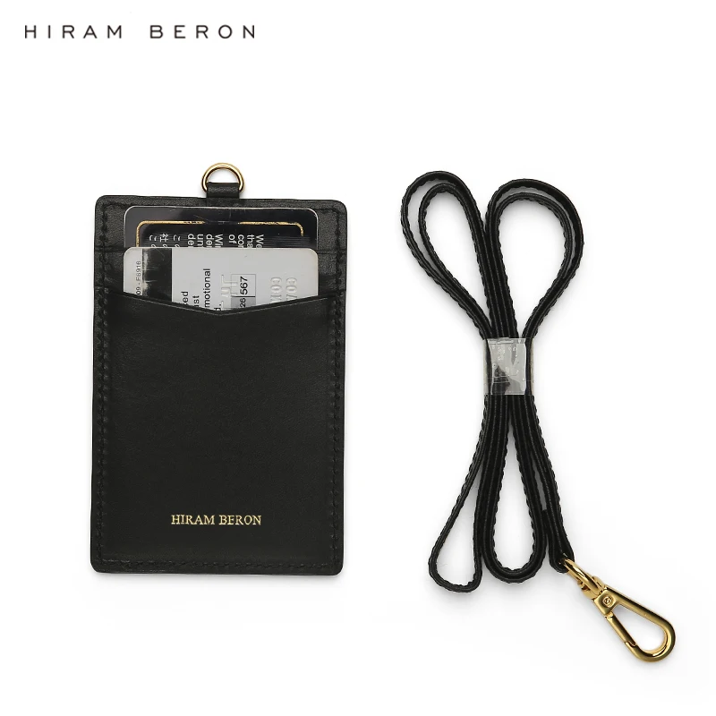 Hiram Beron Italian cow leather ID Card Holder Badge black staff neck card