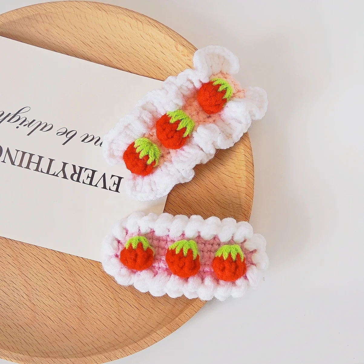 Pink Cotton Wool Crochet Rabbit Ear Flower Strawberry Hairpin Cute Baby Girl Kids Hair Accessories Knitted Hairgrips Hair Clips