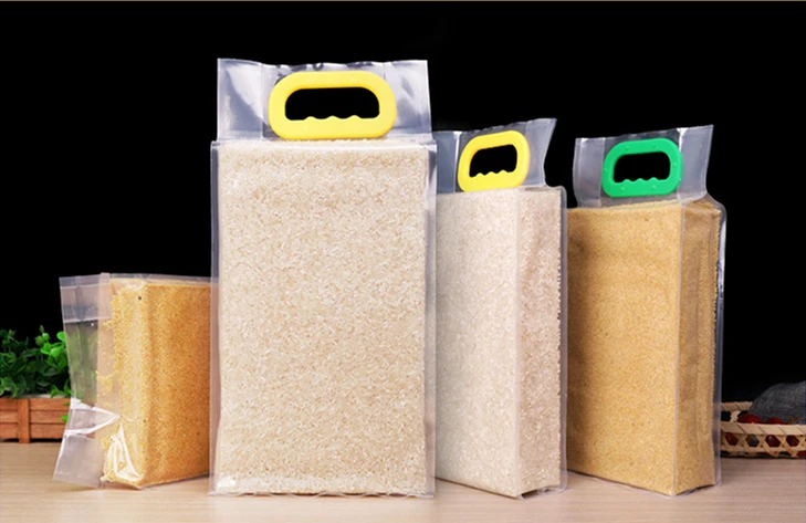 Wholesale Size 2.5kg 5kg Plastic side gusset sealer Vaccum Rice Package Handle Bags