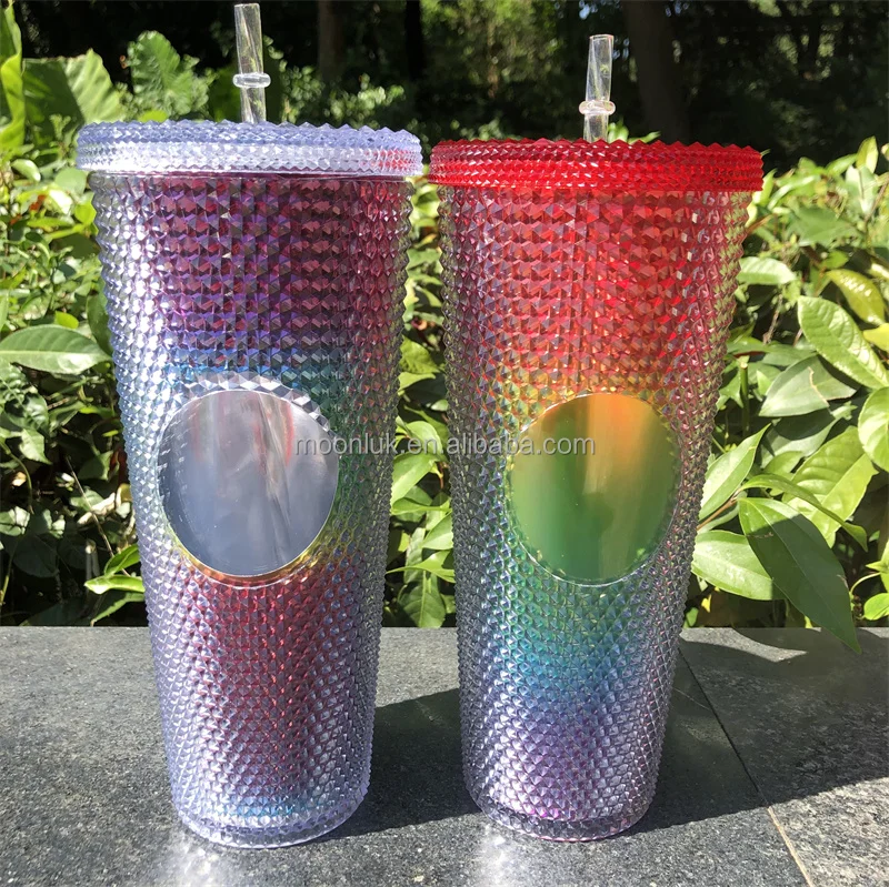 710ml Diamond Radiant Goddess Corn Grid Cups Double Wall Plastic Coffee Tumblers With Straw And Lid