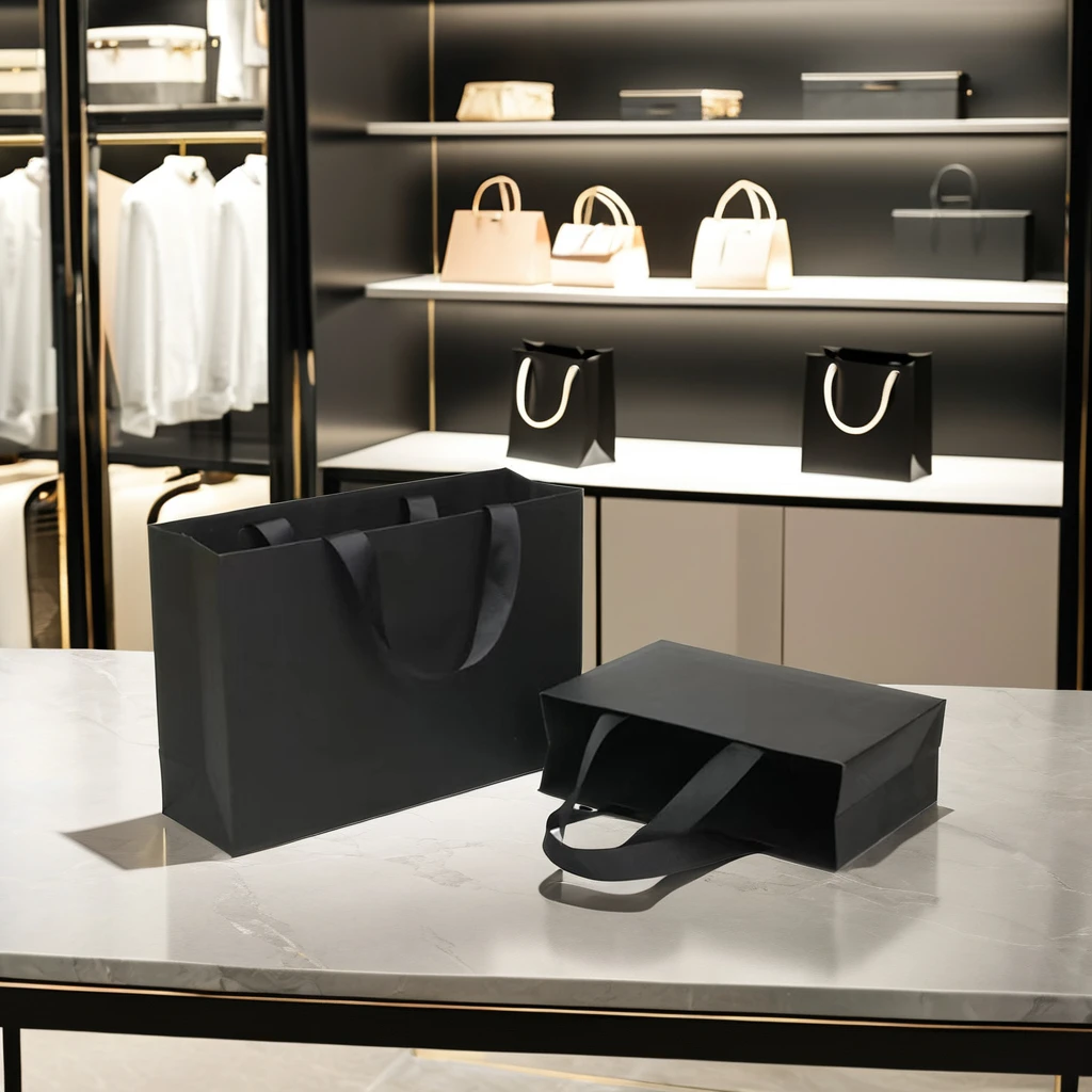 Luxury Matt Small Black Paper Bags with Handles Custom Logo Clothing Shoes Underwear Socks Jewelry Shopping Factory Price