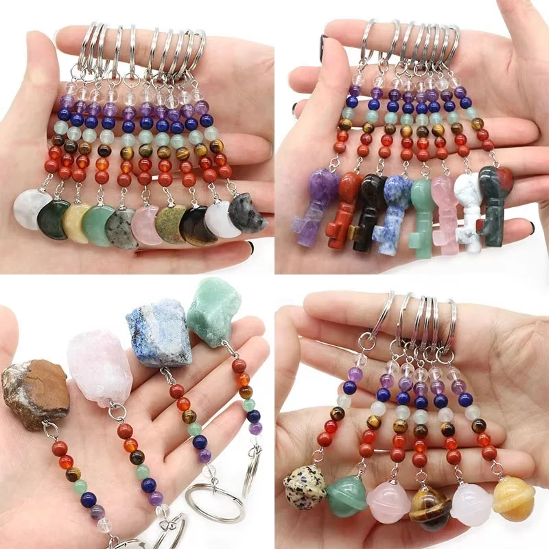 Wholesale Key Shaped Crystal Key Chain Natural 7 Chakra Bead Healing Stone Crystal Keychain