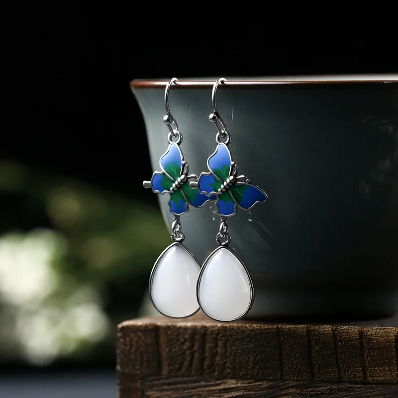 High Quality Vintage Design Enamel Thai Silver Plated Artificial Jade Butterfly Earrings for Engagement or Anniversary
