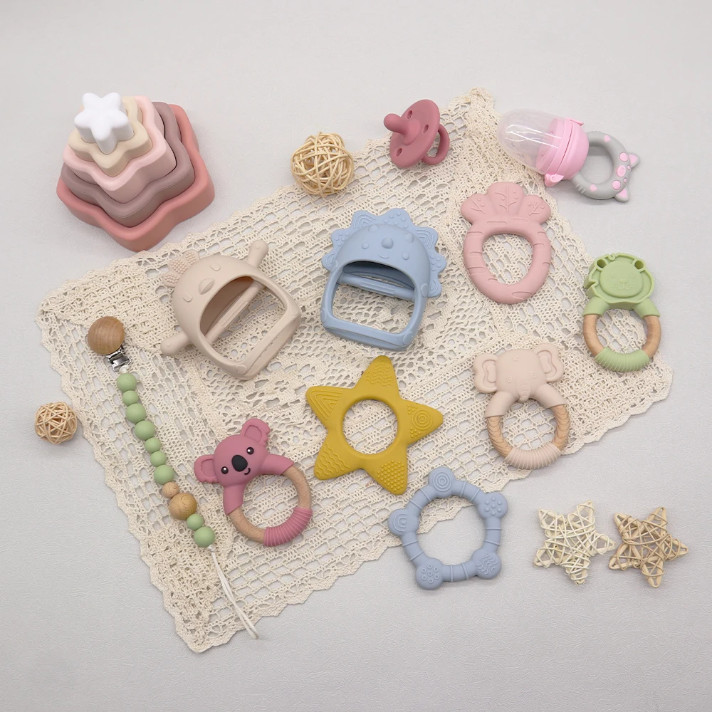 Wholesale Sensory Food Grade Infant Kids Wood Ring Wrist Never Drop Teething Glove Chew Silicone Baby Toys Teether