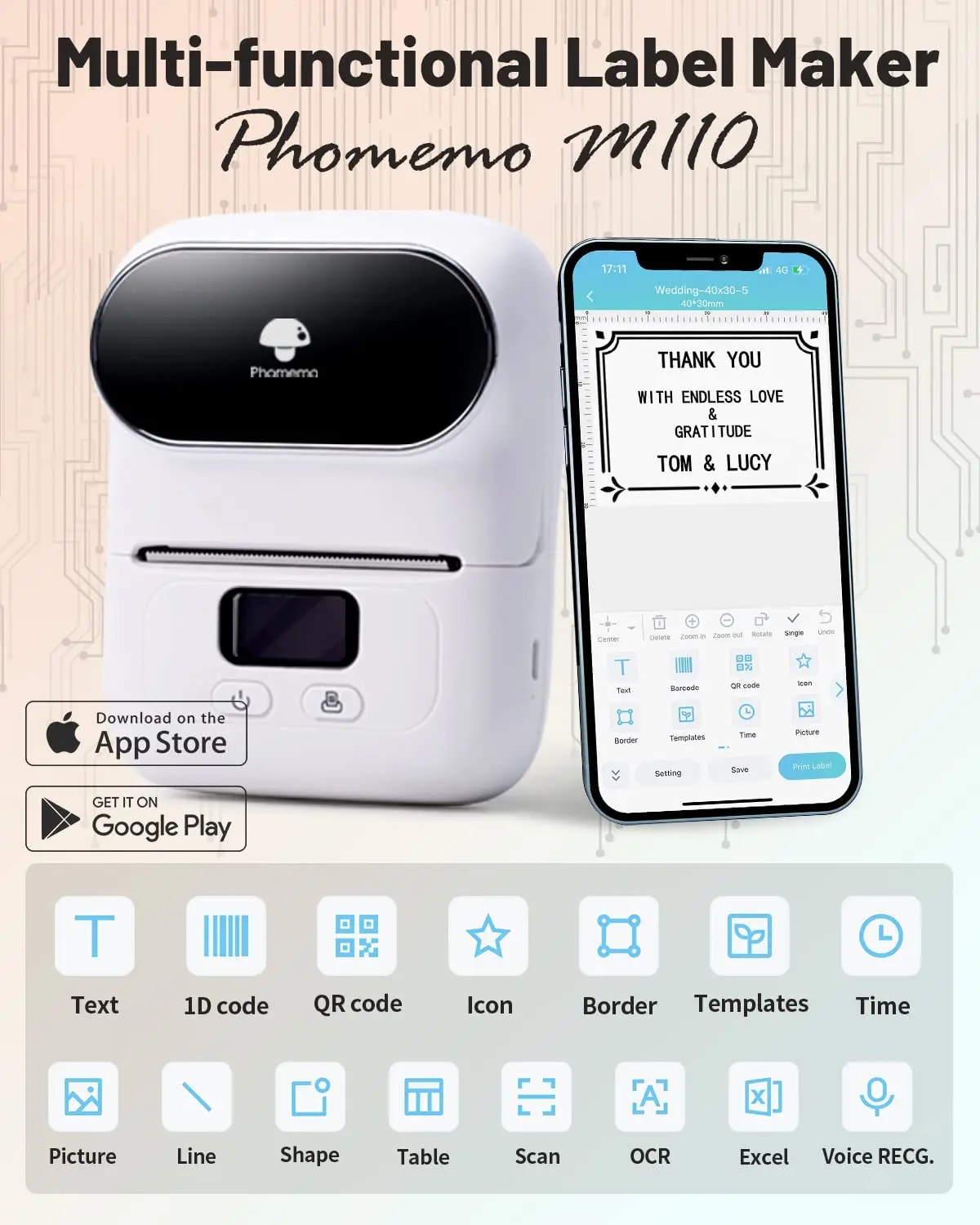Phomemo M110 Mini Portable Thermal Label Printer Multi-function Self-Adhesive Sticker Label Maker Machine for Office Clothes Tag