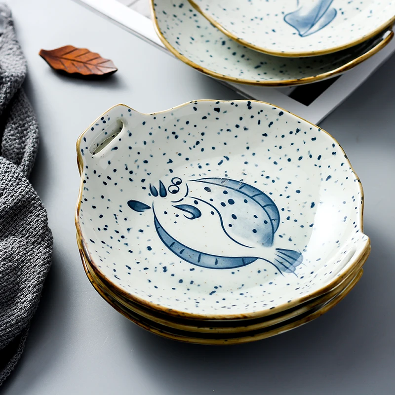 Vintage Design Fish Shrimp Pattern Soy Sauce Dish Wholesale Rustic Seafood Pattern Ceramic Dinner Plates Set