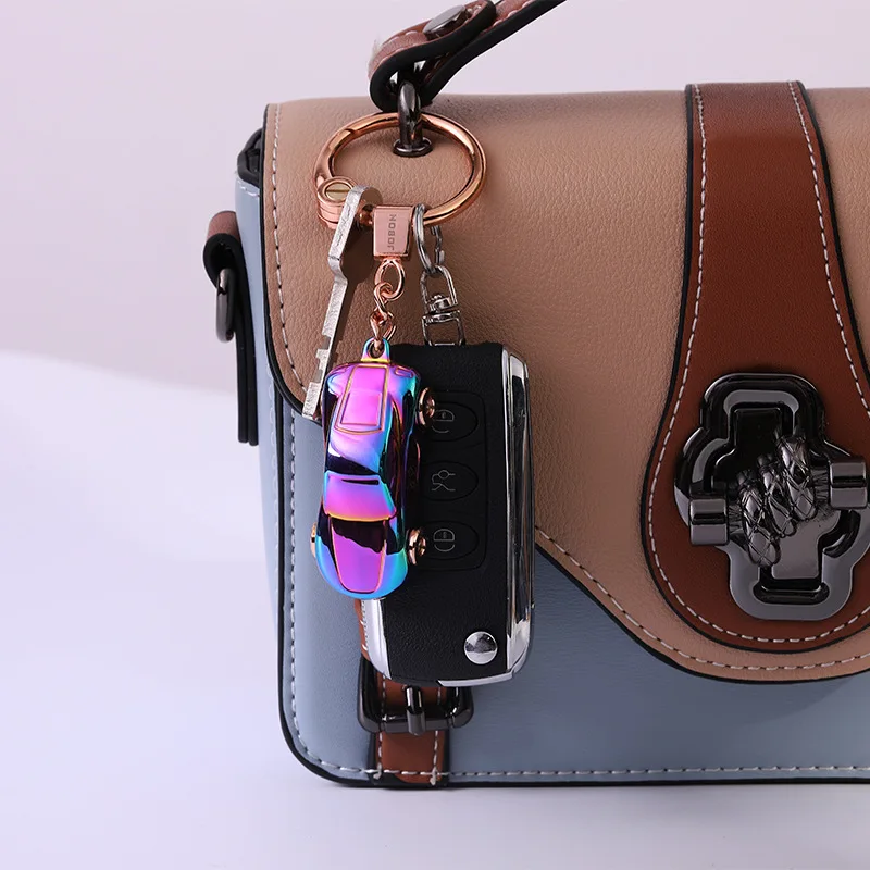 Cute Alloy Car Shaped Keychain with Gift Box Bag Charm LED Light Key Chain Collection Luminous Car Shaped Key Ring Jewelry Gift