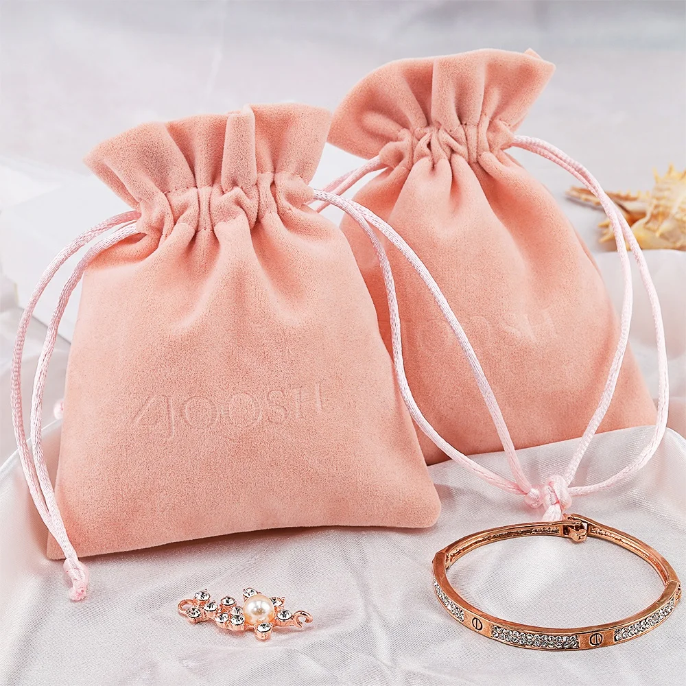 Custom logo printed small luxury gift perfume bracelet pouch pink flannel drawstring velvet jewelry packaging bag