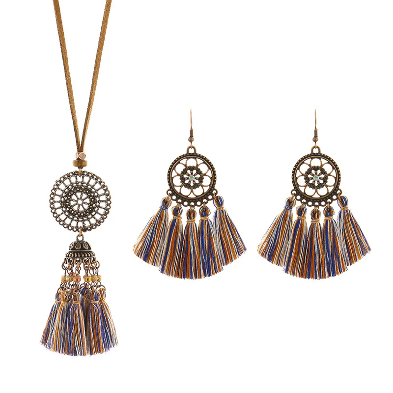 European and American accessories set Bohemian retro bell pendant tassel Earring Necklace Set