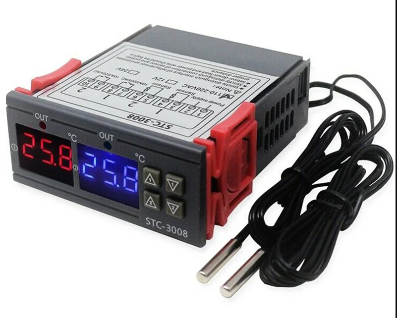 STC-3008 DC 24V Digital Temperature Thermostat With Two Relay Outputs With Cooling And Heating Dual Probes 1M Cable
