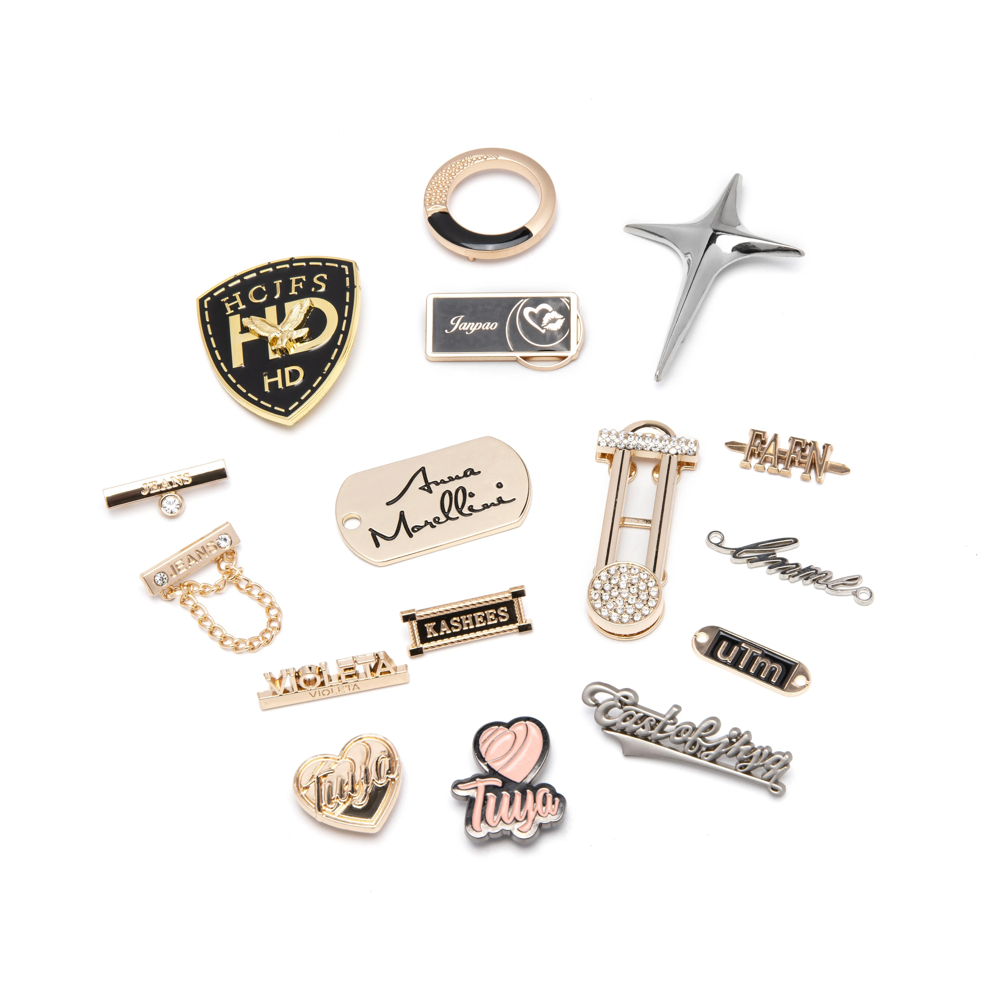 JinYi Hardware OEM ODM Custom Brand Logo Design Zinc Alloy Clothing Decorative Metal Label Tag