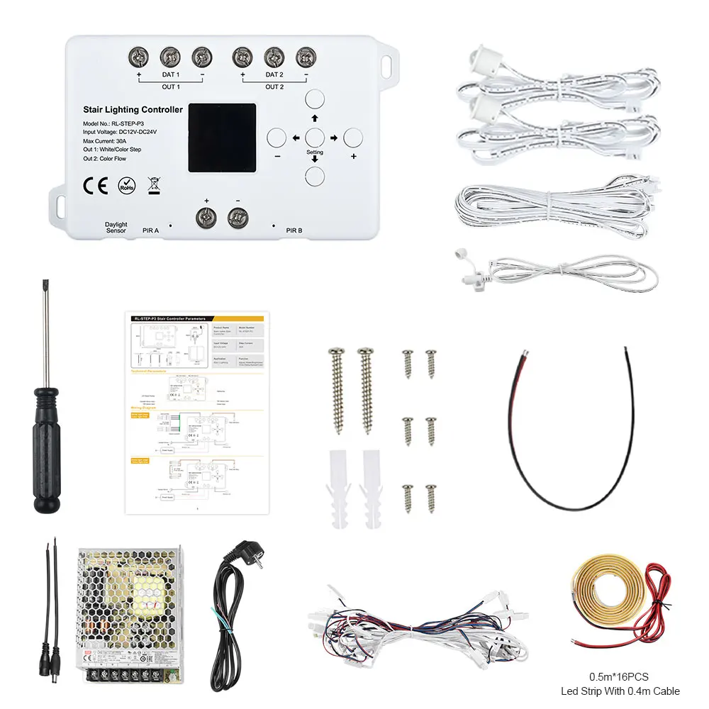 STEP-P3 Main Cable 16 20 Step Stair Lighting Controller Set with Power Supply White Led Strips Pixel LED Strip Motion Sensor PIR