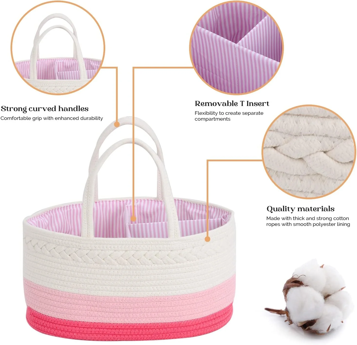 Baby Shower Gifts Baby Diaper Storage Pink Large Cotton Rope Nursery Basket Portable Car Organizer with Removable Divider Caddy