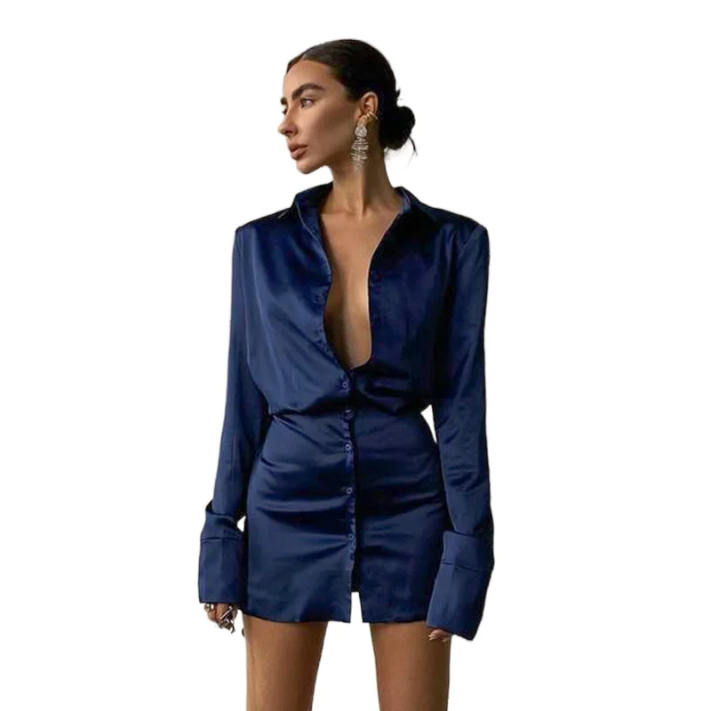 Настоящая светская женской осенней повседневной обуви; Платья свободного кроя с длинными рукавами дышащая однобортный Однотонная рубашка платье для женщин