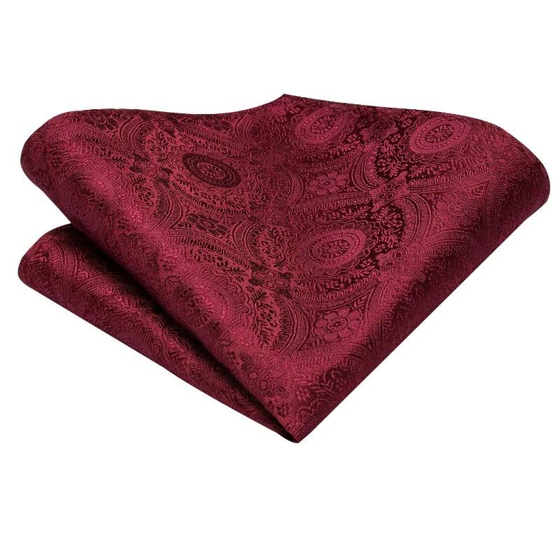 Formal Wedding Wine Red Flower Jacquard Woven Mens Silk Tie Set