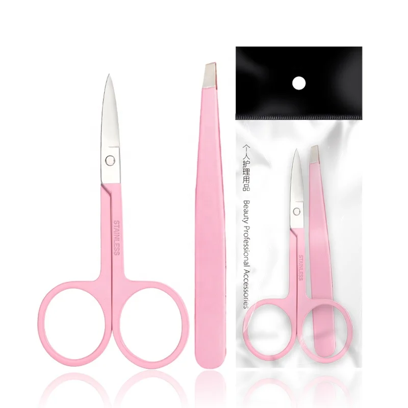 
Wholesale 2pcs Beauty Eyebrow Tools Customize stainless steel Pink Eyelash tweezers scissors set 