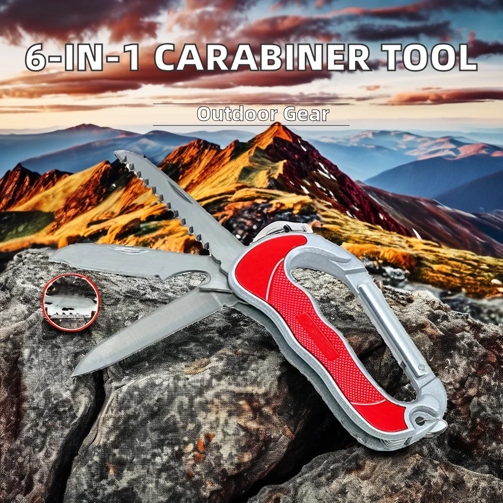 6-in-1 Stainless Steel Carabiner Hanging Buckle Multifunctional Folding Knife Outdoor Camping Hiking Mountain Climbing-EDC Tool