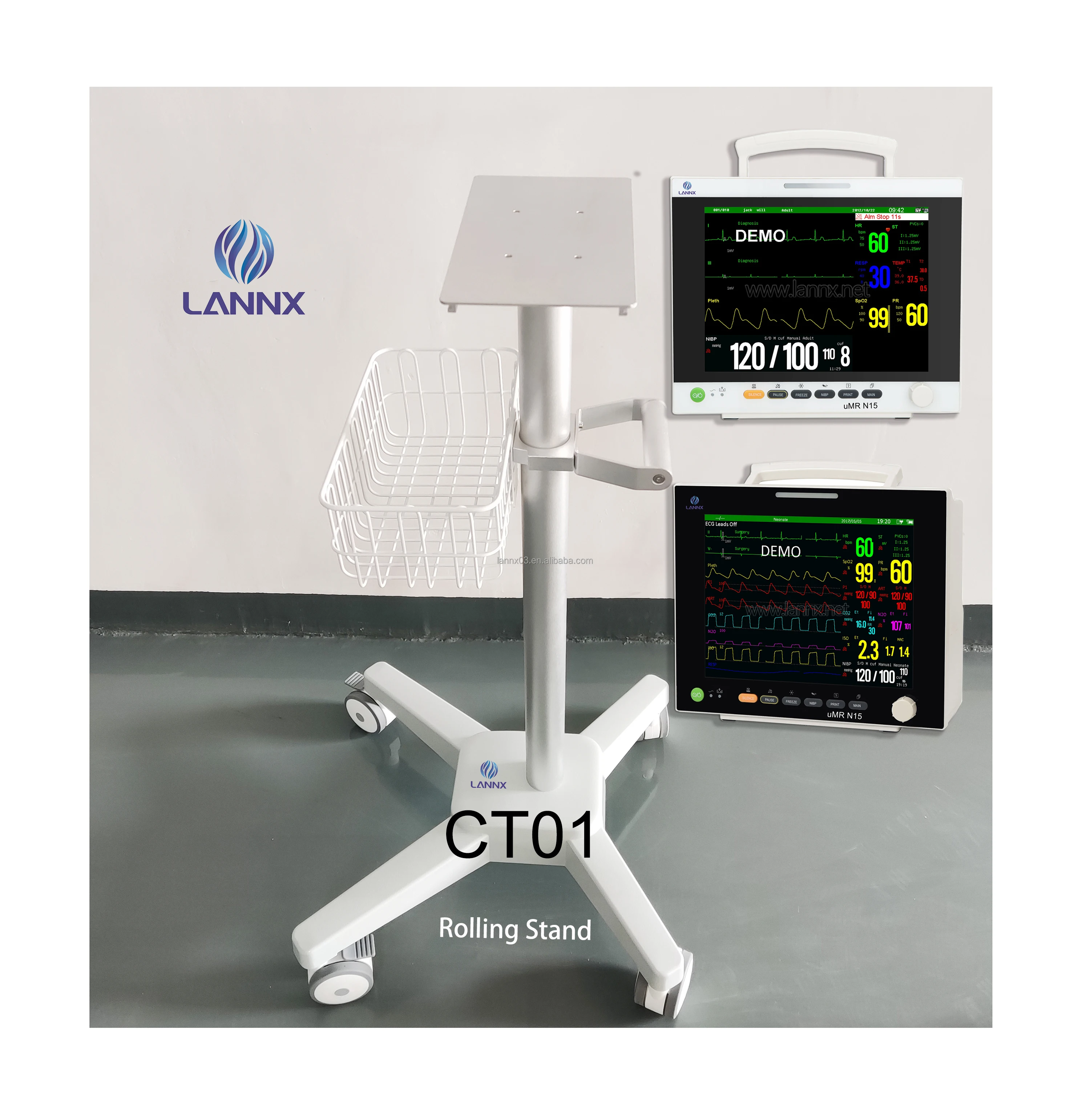 LANNX CT01 Factory price Hospital Equipment trolley cart with wheels casters Mobile Medical trolley patient monitor Cart bracket