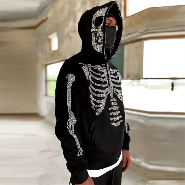 Streetwear Custom 300 350 400 GSM Rhinestone Skeleton Full Zip Up Hoodie Men