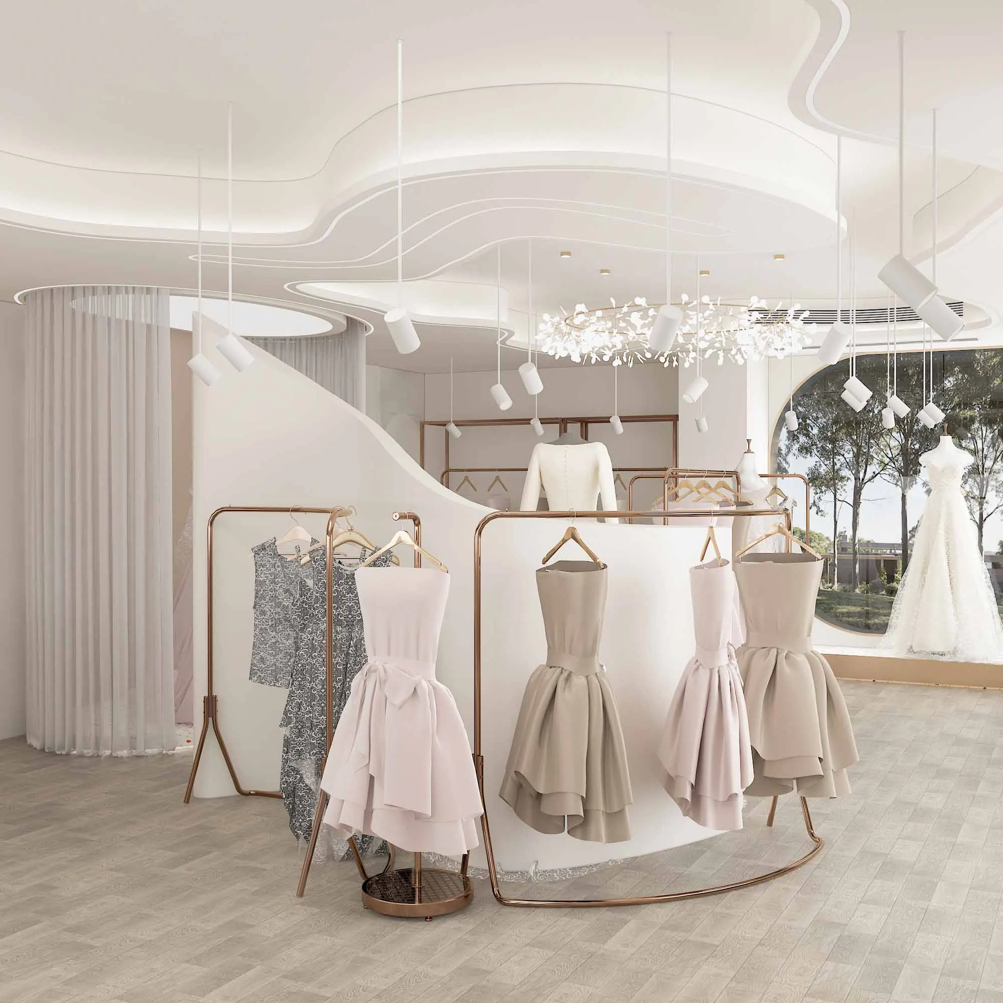 Boutique Bridal Shop Interior Shiny Romantic Design Luxury Wedding Dress Ceremonial Dress Display Stand Bridal Dress Hanger