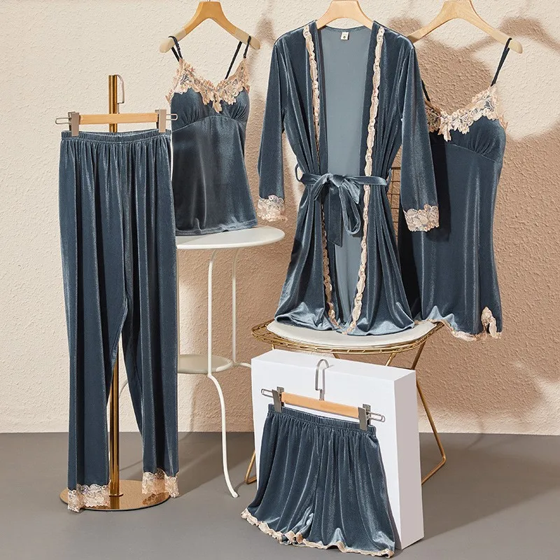 Women Golden Velvet 5-pcs Set Nightwear Pajama with Breast Cushion Slip Nightdress Bridal Sleep Wear