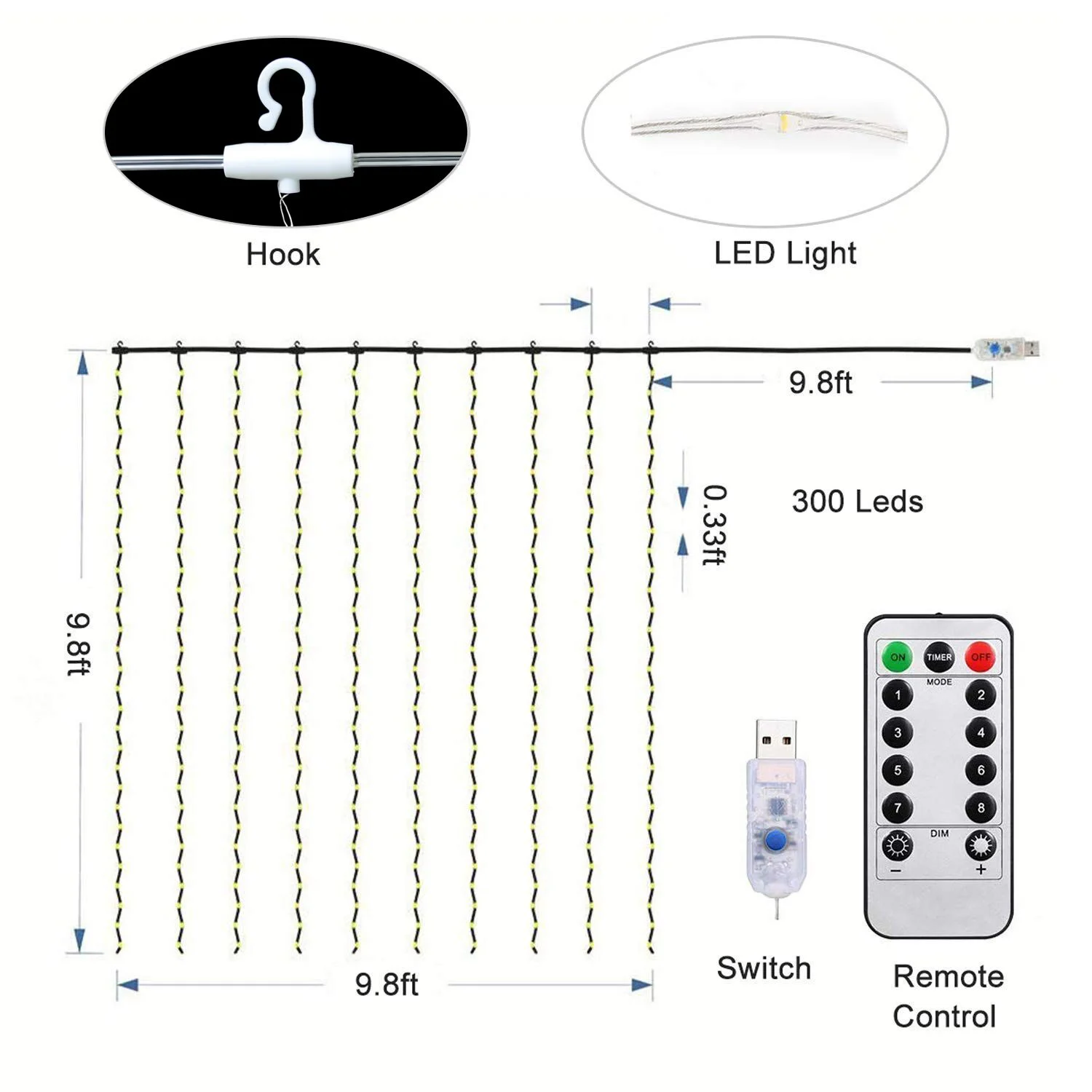 3x3m 300 LED Silver Wire Curtain Lights USB With Remote Fairy Lights String Garland For Home Garden Wedding Party Curtain Decor