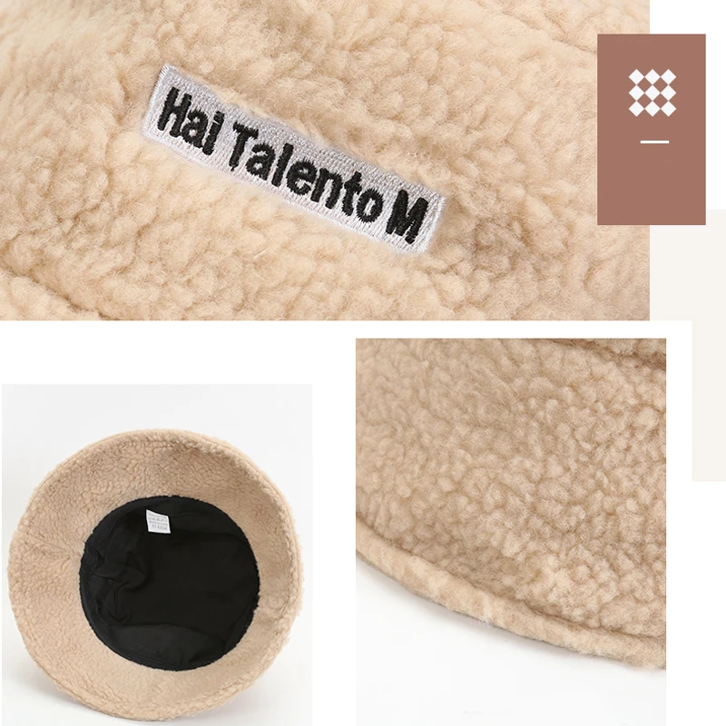 Wholesale New Trend Embroidery Winter Warm Lamb Wool Cute Fashion Sherpa Plush Fisherman Hat Bucket Hats Women