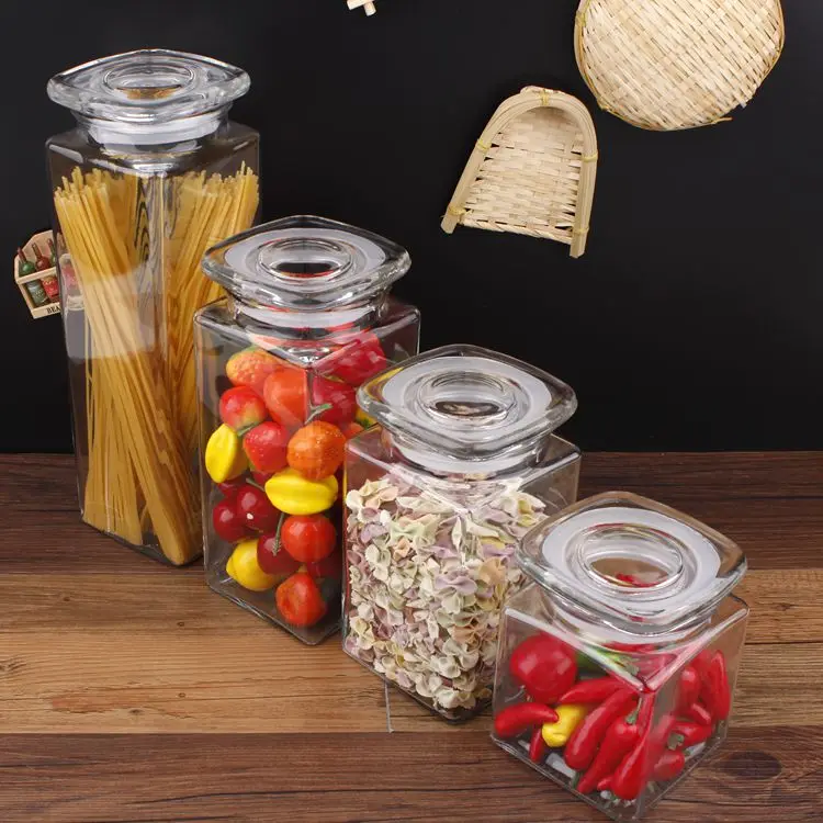 Wholesale Square Glass Storage Jar Candy Pasta Food Container with Sealed Glass Lid
