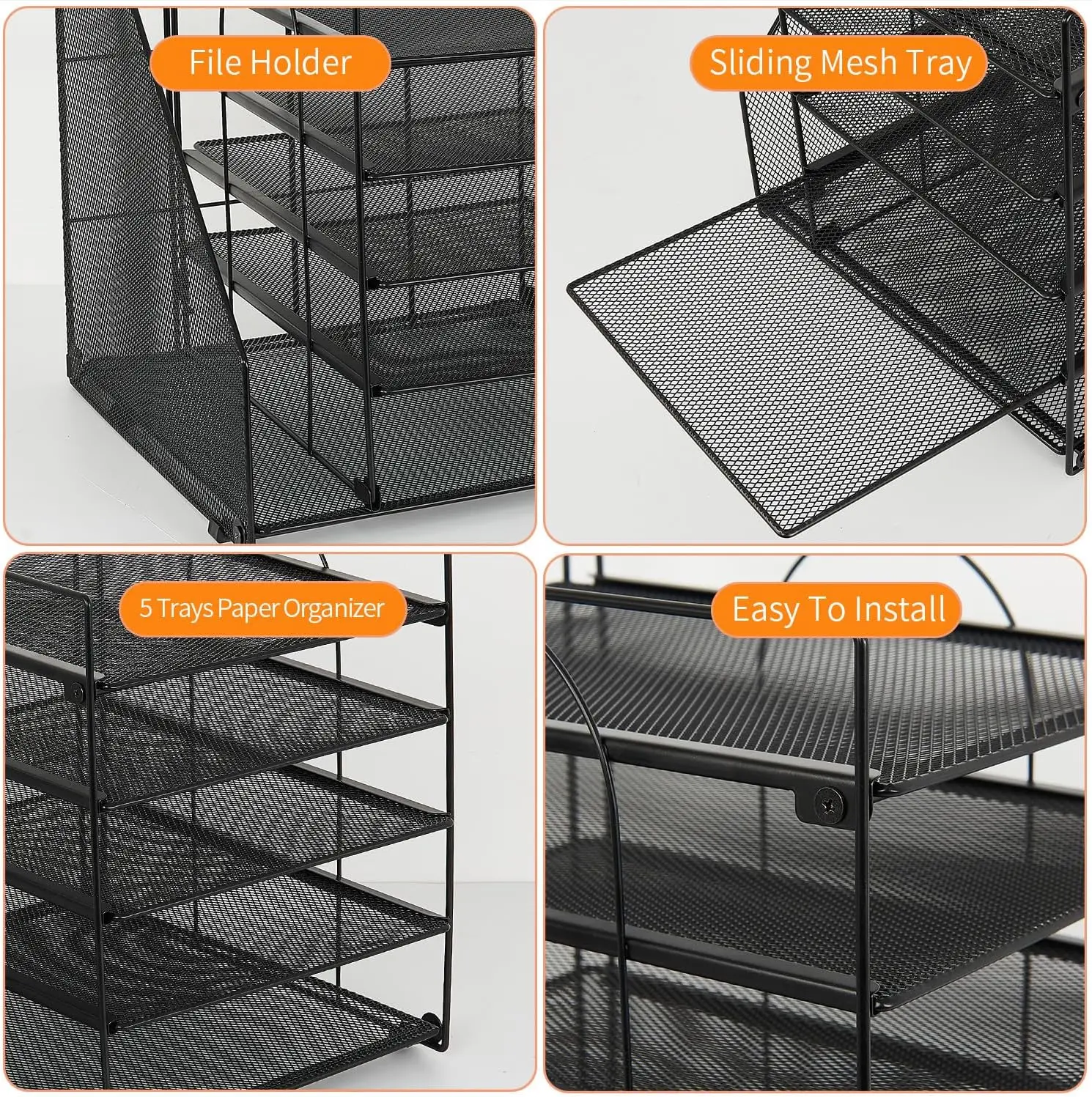Desk Organizers and Accessories 5-Tier Black Metal Mesh Paper Letter Tray Organizer with File Holder for Office Supplies