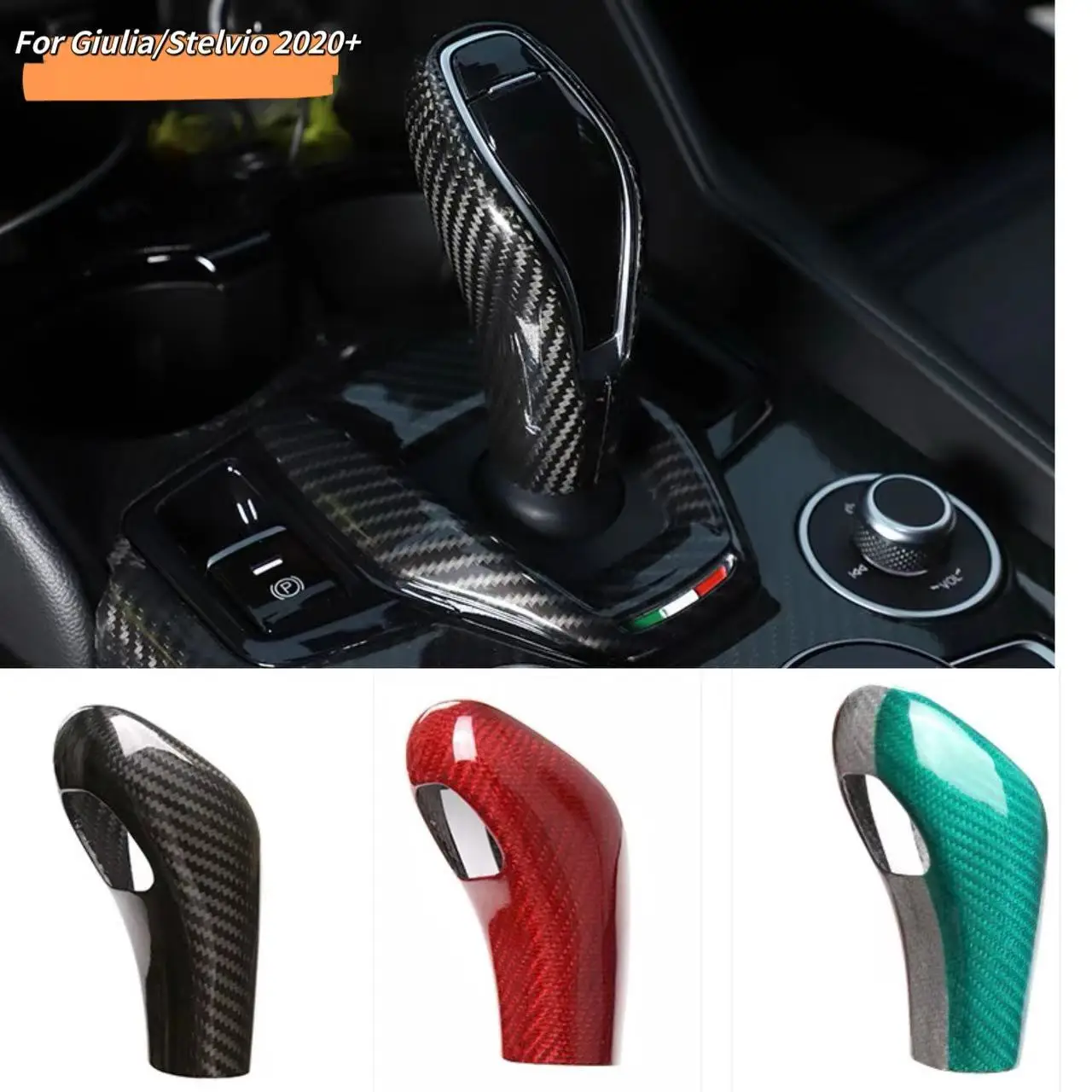 MRD Carbon shift knob sticker for Alfa Romeo Giulia Stelvio 2020+ Gear shift knob cover carbon fiber black red