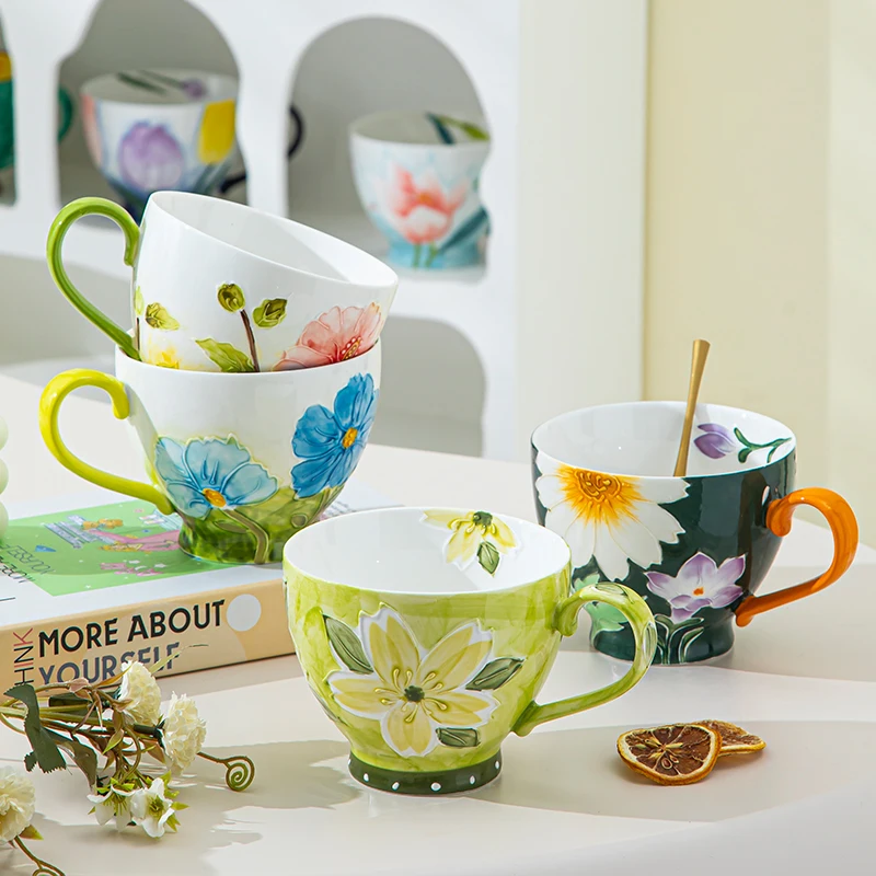Wholesale custom fancy embossed design korean breakfast cereal porcelain flower tea mug cup ceramic coffee cup