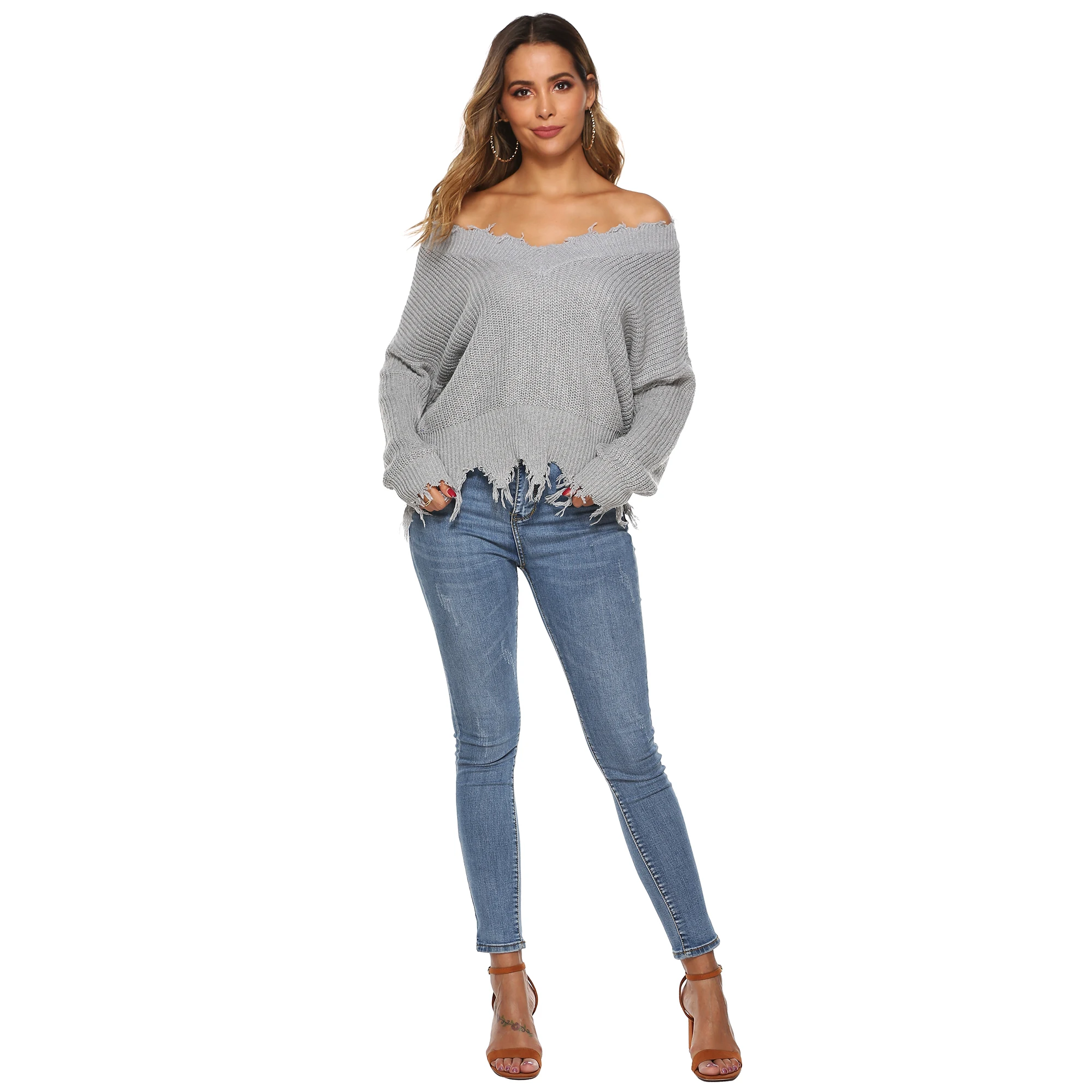 Factory Ladies jumper tassel striped irregular casual knitted pullover V neck off the shoulder Lazy Loose sexy sweater for women