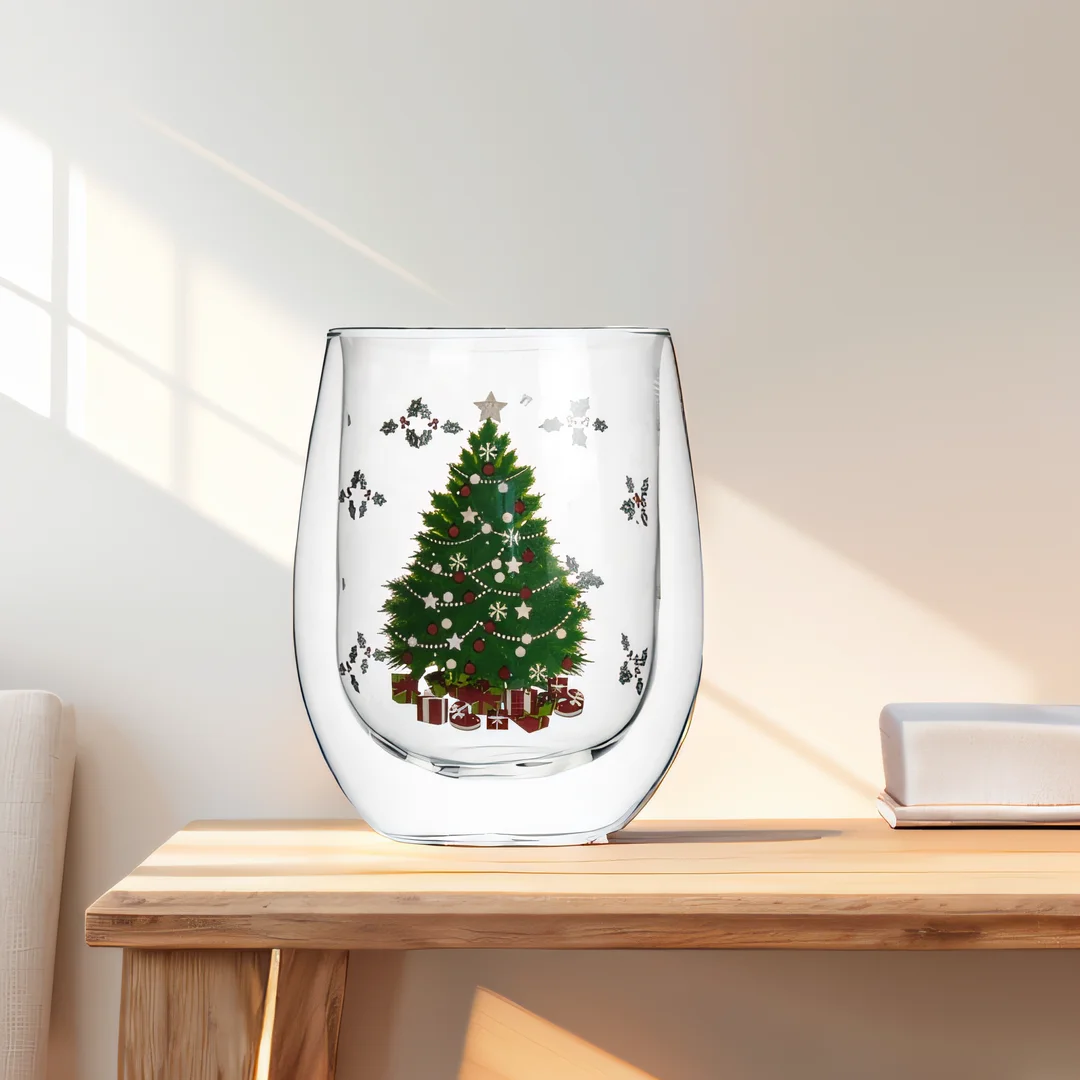 Hot Selling Modern Fashionable Christmas Tree Insulated Double Walled Borosilicate Transparent Glass Coffee Cups