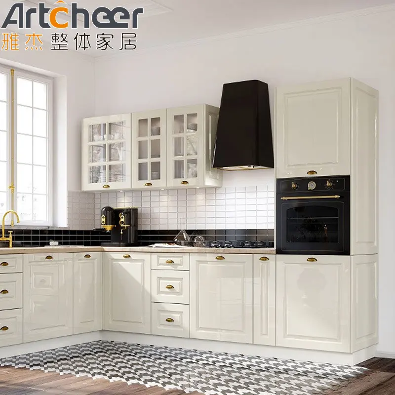 Modern kitchen cabinets in solid wood material quartz stone table top with nice accessories