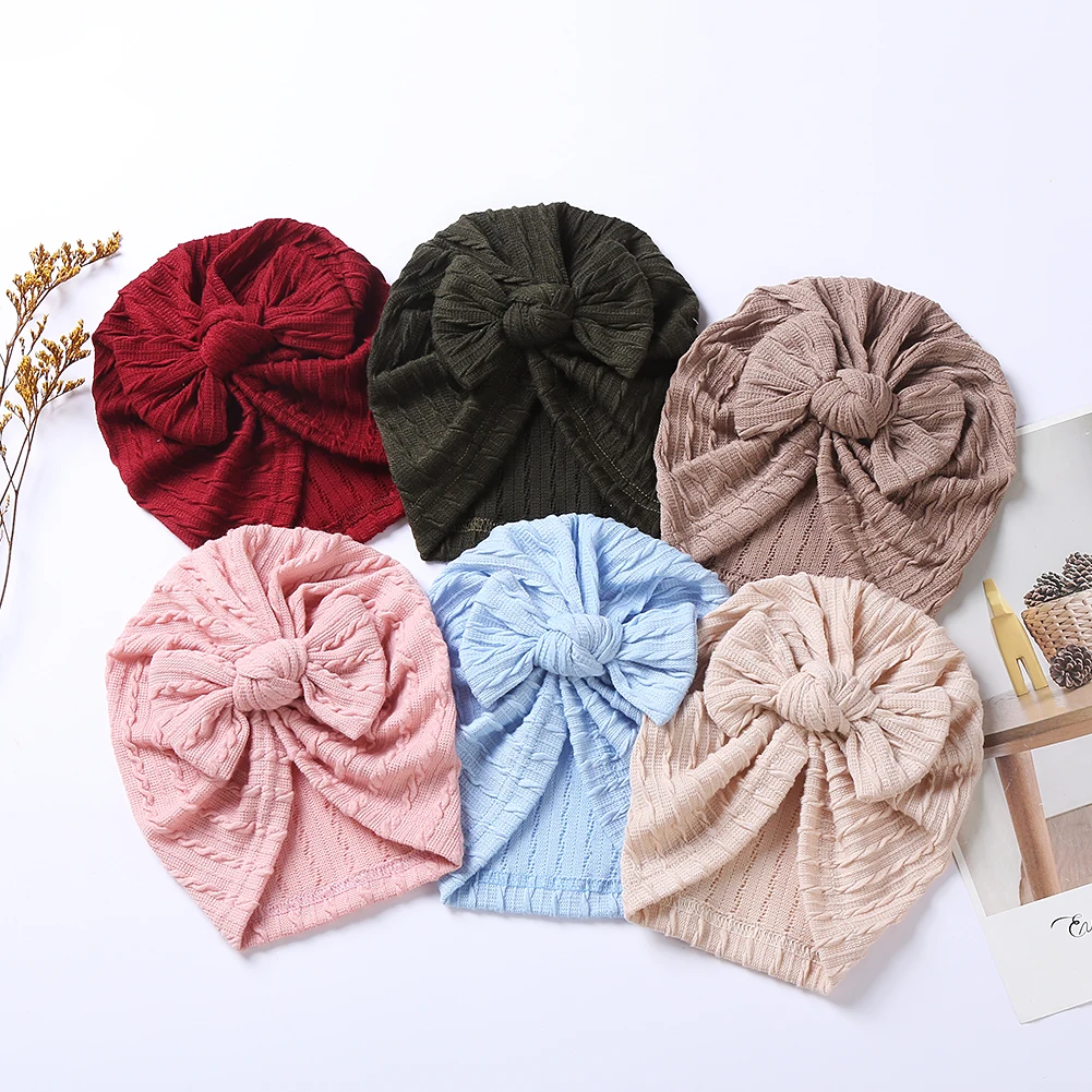 Autumn Winter New Cotton Knitted Bow Knot Turban High Elastic Infant Handmade Headwraps Infant Bandanas for Newborn Baby