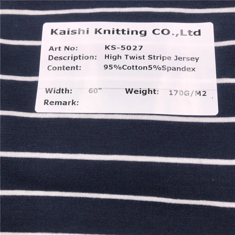 95%Combed Cotton 5%Spandex Yarn Dyed Stripe High Twist  Jersey fabric with Stretch