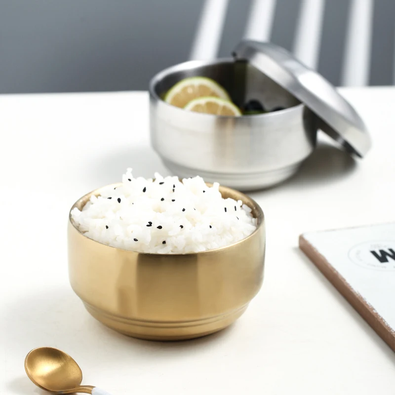 Fruit Mixing Metal Serving Soup Silver Stainless Steel Korean Gold Rice Bowl with lid cover