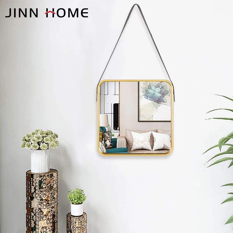 Jinnhome Elegant And Antique Gold Square Frame Wall Hanging Mirror With Modern Fake Leather Bathroom Decorative