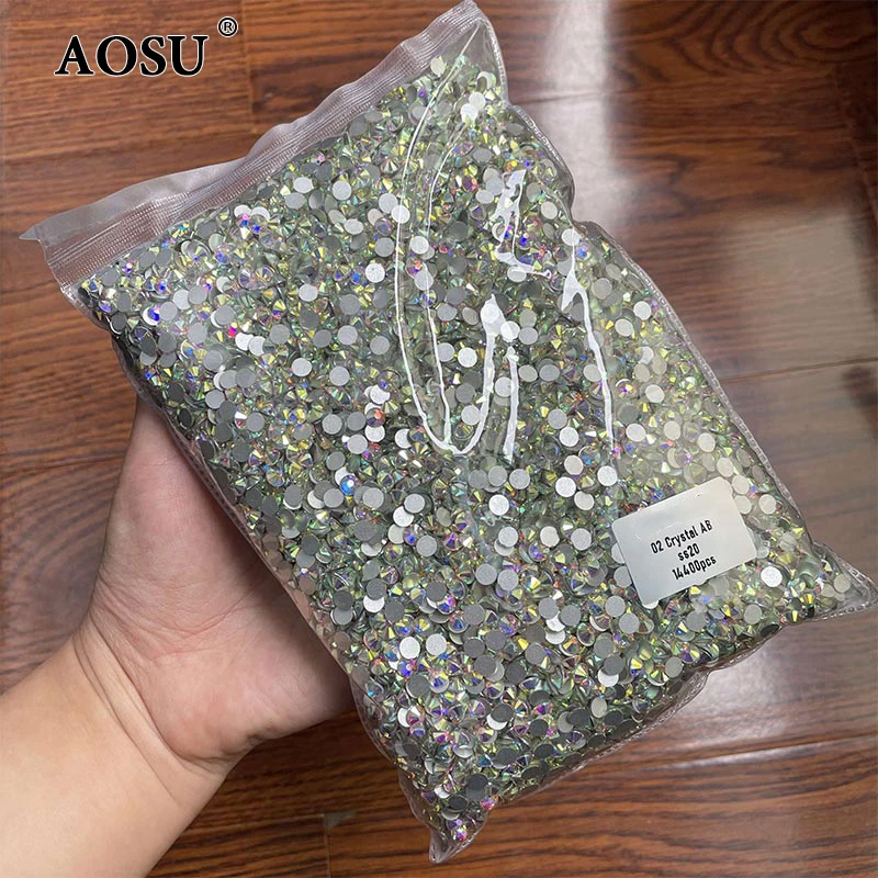 AOSU Top Quality Bulk Package SS3 4 5 6 10 12 16 20 Flatback Diamonds Non Hotfix Strass Crystal AB Glass Rhinestones For Nail