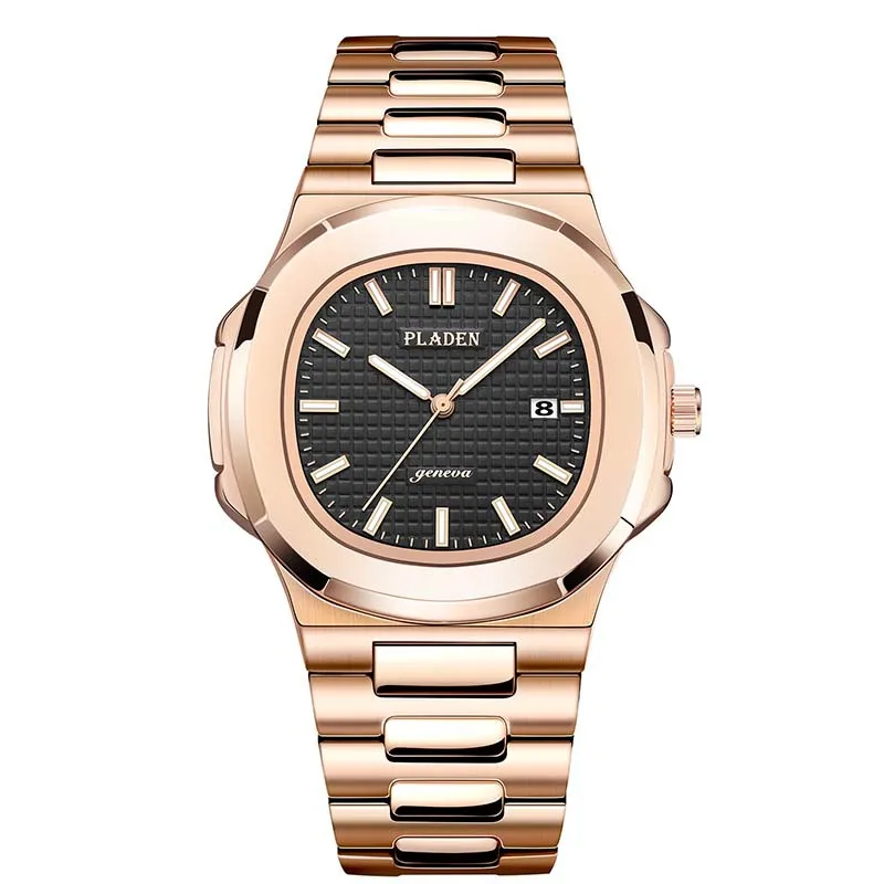 PLADEN  PL1027 elegant rose gold man quartz watch stylish stainless steel strap water proof date display Simple Leisure  watch
