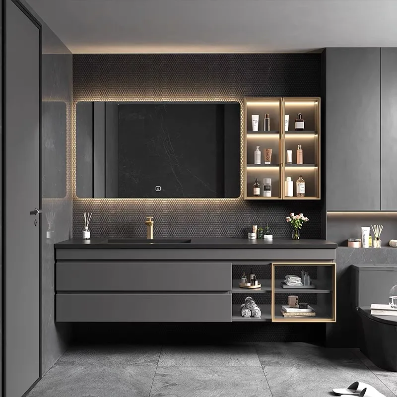 Modern Italy Style  Bathroom Cabinet Plywood  Vanities with Rock Surface Counter  Waterproof Sink Cabinet