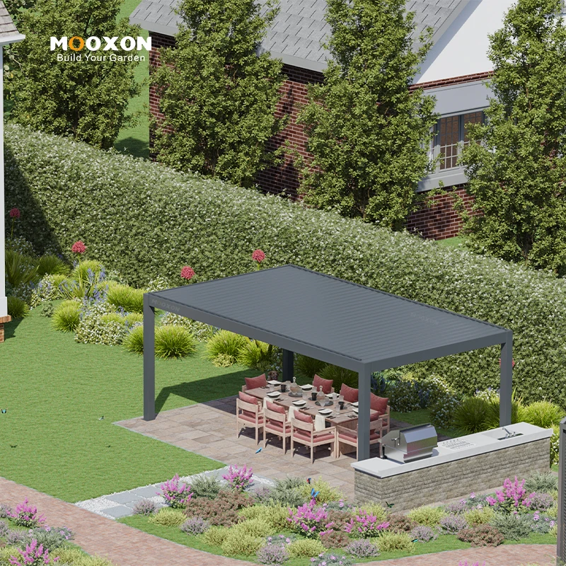 Mooxon High-quality Aluminium Alloy Patio Pavilion Automatic Adjustable Louvered Roof Electric Pergola for Garden
